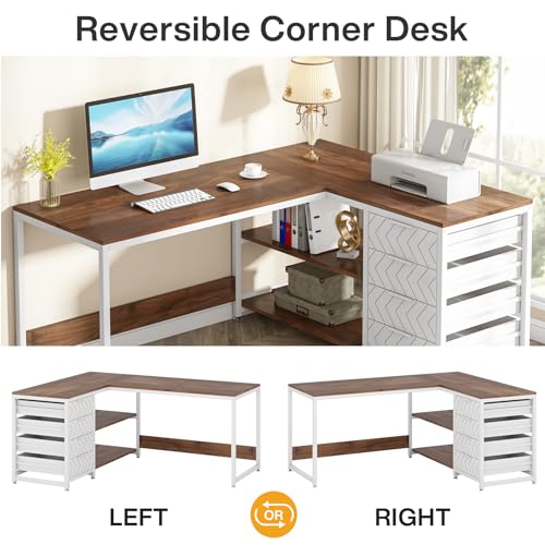 Tribesigns L Shaped Computer Desk with Storage Drawers, 59 inch Corner Desk with Shelves, Reversible L-Shaped Office Desk Study Writing Table Workstation for Home Office, Walnut & White by Tribesigns - Image 5