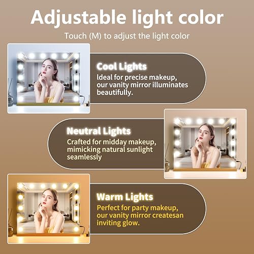 Image of Vanity Mirror with Lights 19.7''x16.6'' Makeup Mirror with Lights Lighted Up Mirror with Dimmable LED Bulbs,3 Color Lighting Modes,USB Charging Port Touch Control,Sturdy Metal Frame Design,Gold