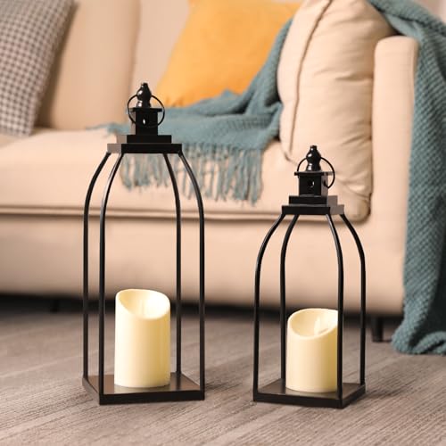 DARJEN Modern Farmhouse Lantern Decor Outdoor & Indoor- 17'' 14'' Black Metal Candle Lanterns for Christmas, Lanterns Decorative with 2 Flameless Candles for Porch,Patio,Home,Fireplace Mantle Decor