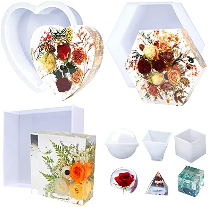3 Pieces Large Resin Mold Silicone Kit Including Deep Hexagon, Heart, Square Epoxy Resin Casting Molds For Flower Preservation Bookends DIY Art