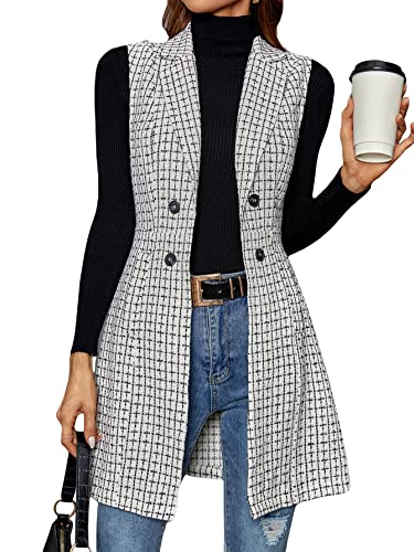 Gorglitter Women's Plaid Double Breasted Long Vest Jacket Sleeveless Longline Blazer Outerwear With Pockets White X-Large #TOP30