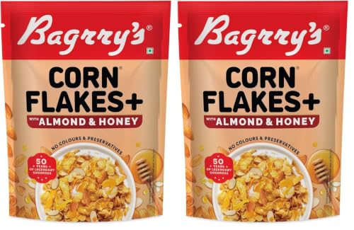 Image of Bagrry's Corn Flakes Plus With Almond And Honey, 300 gm Pouch | Goodness of Almonds, Golden Corn & Raw Honey | Source of Protein & High Fibre | All Natural Cornflakes (Pack of 2)