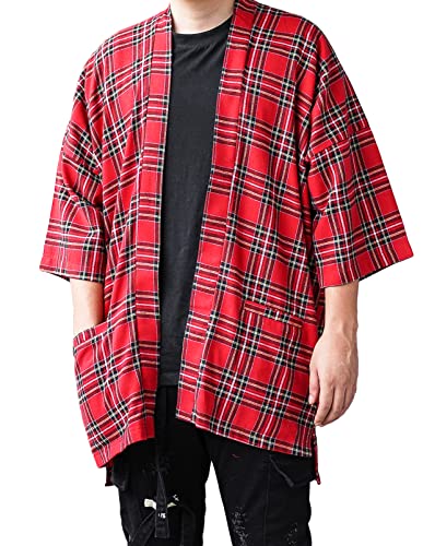 Men\'s Plaid Noragi Jacket Flannel Kimono Cardigan Oversized Haori Japan Yukata (Red)