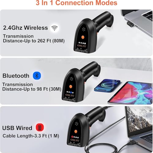 Image of ONLYU Bluetooth Barcode Scanner, Wireless 2D QR 1D Bar Code Scanners with LED Lights Display & AI Voice, Plug & Play Handheld Barcode Reader for iPhone, Android, iPad, Tablet, PC (LED Barcode Scanner)