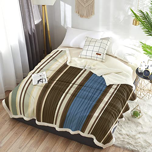 Pakiinno Sherpa Fleece Throw Blanket For Couch Navy Blue Brown Boho Stripes Art Style Reversible Fuzzy Fluffy Throws For Sofa- #TOP3