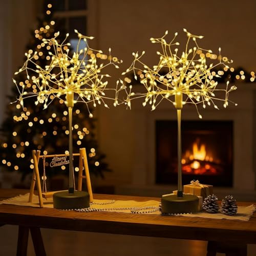 BAUNBRHY Nest and Flowers Table Lights Fireworks,Christams Firework Centerpiece Light, Battery Operated 120 LED Mini Table Starburst Silver Lights (Warm-2pcs)