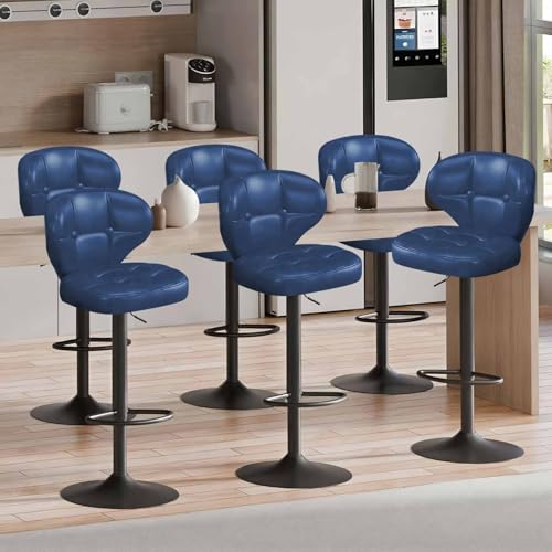 Image of Modern Bar Stools Set of 6, Adjustable Swivel Upholstered Full-Back Counter Height Bar Chairs for Kitchen Island, Dining Room, Bar Blue