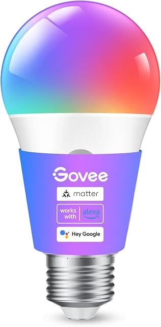 Govee Smart Bulbs, A19 LED Light Bulb, 800 Lumen, E26 Base, 1 Pack | Works with Matter Alexa & Google Assistant, RGBWW Color Changing Light Bulb, Music Sync, WiFi & Bluetooth Connection