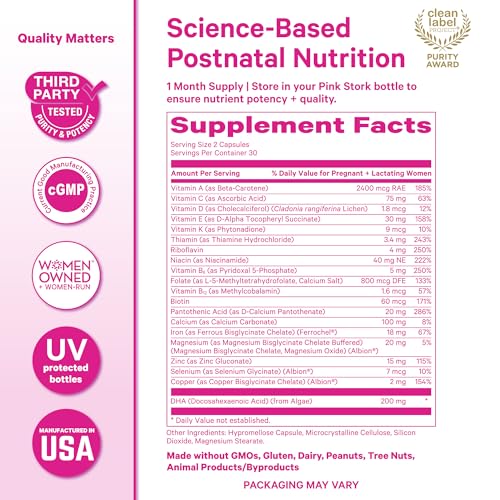 Image of Pink Stork Total Postnatal Vitamins for Women | Vegan DHA, Iron, Folate, B12 | Postpartum Recovery Essentials | Lactation Support for Breastfeeding Moms | Clean Label Award Winner - 60 Capsules, Mint