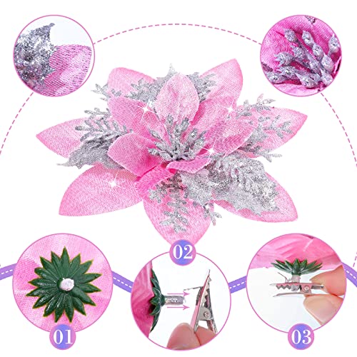 36 Pcs Christmas Glitter Artificial Poinsettia Flowers Xmas Poinsettia Artificial Wedding Flowers Decorations Xmas Tree Ornaments with Clips for Party Favors 6 Inch - Image 2