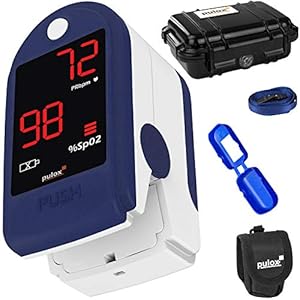 Pulox PO-100 Pulsoximeter met LED-display, incl. Hardcase, batterijen, beschermhoes, nylon tas en draagband blauw