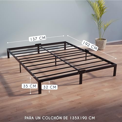 Miniatura 2 de Dreamzie Cama 135x190 Cm De Metal Negro, Altura 35cm Somier, Montaje Fácil Y Rápido, Estructura Estable Y Diseño Elegante