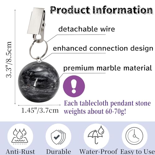 Goaste 8 Pieces Tablecloth Weights, Table Cloth Pendant Stones with Metal Clips, Ball Shape Marble Table Cover Hangers, Heavy Duty Clip Weights for Outdoor Picnic Tables, Curtains, Flags, Banners