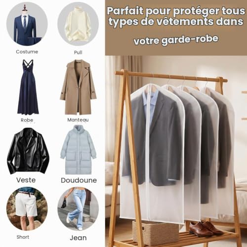 HOTUT 6PCS Housses de Vêtements, 60cm x 100cm Housse Vetements à Suspendre Anti Poussière avec Zip, Transparentes, Anti-poussière Imperméables, Etanche Mite, pour Chemise Costume Manteaux Robes – vue 5