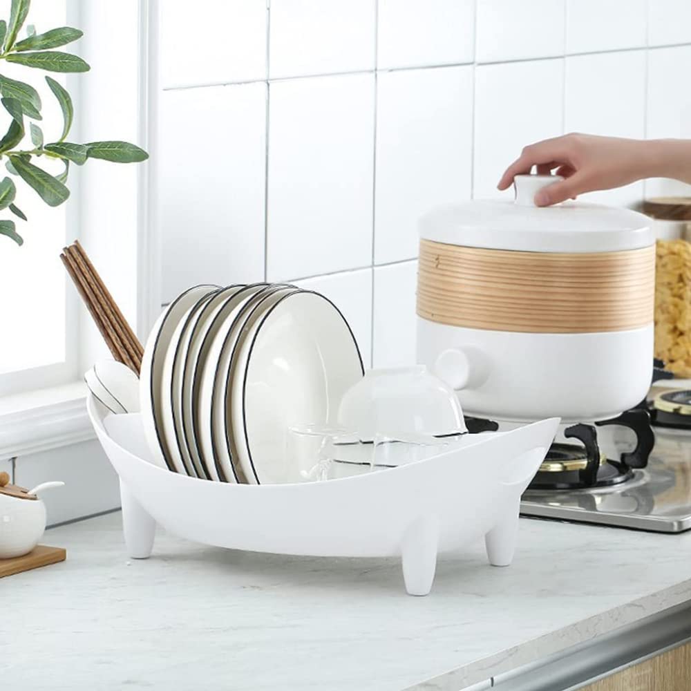 Estante para platos de cocina con almacenamiento de cubiertos y cesta de verduras, color blanco