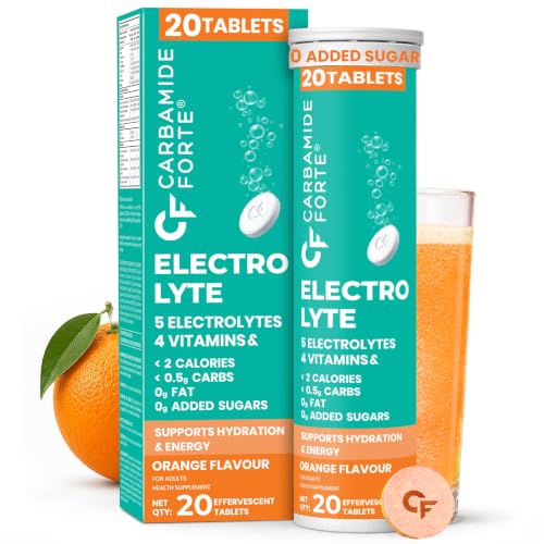 Image of Carbamide Forte Electrolyte Supplement with Zero Added Sugar | Electrolyte Hydration Tablets for Sustained Energy with 5 Essential Electrolytes No Sugar, Low Calorie Hydration | Added L-Glutamine & Taurine, Vitamin C & B-Complex | Orange Flavour | 20 Effervescent Tablets