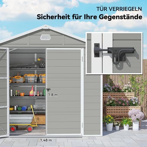 Outsunny Gerätehaus 4,1m², Geräteschuppen mit Satteldach, 240 x 190 x 228 cm, Kunststoff Gartenchuppen mit Abschließbar Tür Belüftungsöffnung Fenster Fundament, Gartenhaus für Garten Hellgrau