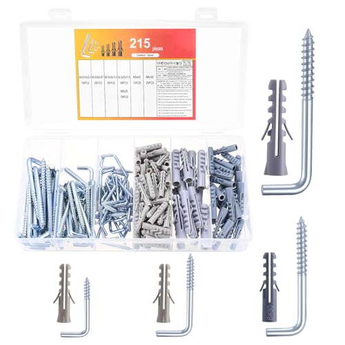 215 PcsCrochet à Visser Droit en L, Crochets à Vis en L, Crochet de Plafond à Vis, Crochet Mural a Vissers avec Chevilles, Crochets Muraux à Visser pour Tasses Lumières Plantes Bureau Domicile