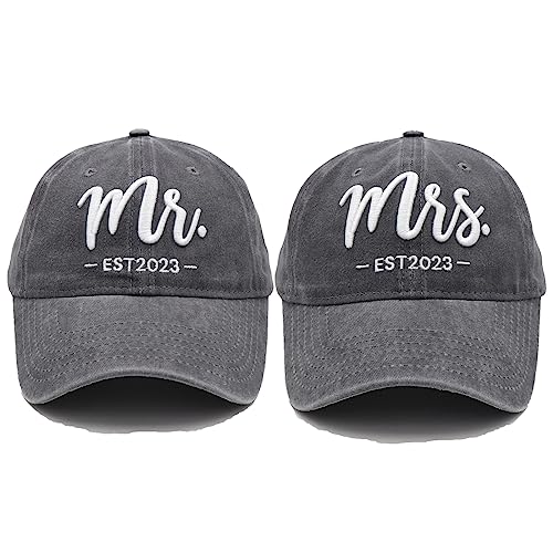 Hiwelove Mr and Mrs EST 2023 Hats for Men Women, Bride Groom Hats 3D Embroidered Baseball Caps Set Wedding Gifts for Couples, Grey Mr and Mrs Est 2023 Hat, One size