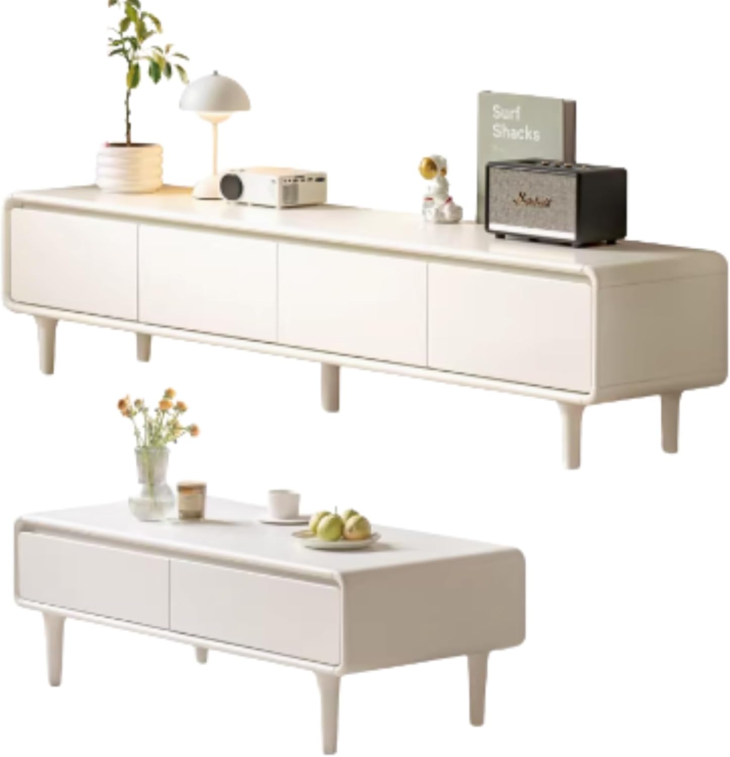 GVAwood Solid Rubberwood French Cream Style TV Cabinet. 70.9x15.8x16.5 inch / 180x40x42 сm/White Color/TV Cabinet + 1m Coffee Table