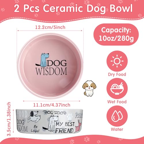 Maxcheck 2 Pcs 5 Inch Ceramic Dog Bowls Dishes for Small Dogs Cute Cartoon Pattern Puppy Cat Bowls Heavy Food Water Dishes for Pets Feeding Travel, Dishwasher Safe Microwave Safe(Pink and Gray)