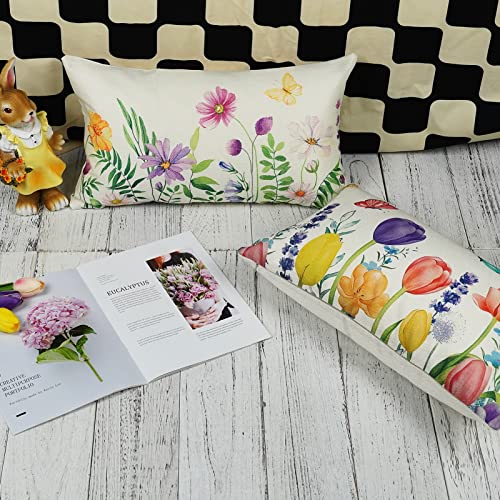Onway Spring Floral Pillow Covers 12X20 Inch Set Of 2 Tulip Lavender Daisy Butterfly Decorative Lumbar Pillowcases Holiday Cushion Cases For Sofa Couch Home Decorations #TOP3