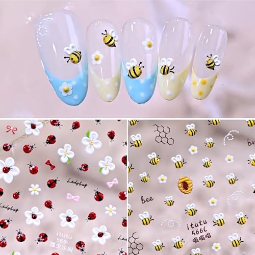 Image of Bee Nail Stickers Flower Nail Decals with Honeycomb Design 5D Embossed Self Adhesive Nails Charms Supply for Women DIY Manicure Decoration