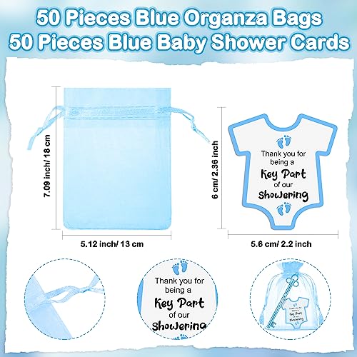 Geyoga 50 Sets Baby Shower Party Favors 50 Fancy Key Shape Pens It's a Girl/ Boy Key Gel Ink Pens 50 Thank You Cards Small Gift Cards 50 Organza Bags for Guests Gender Reveal Party Favors(Blue,Boy) — view 3
