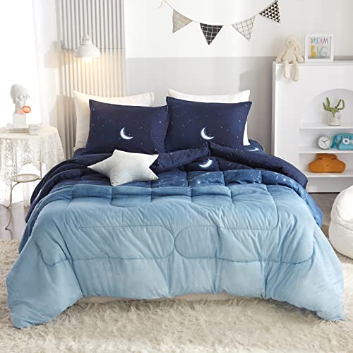 HYPREST Kids Twin Bed in A Bag Comforter Set with Sheets - 5 Pieces Twin Bedding Comforter Set for Girls Boys, Moon Star Blue Twin Bed Comforter Super Soft Lightweight Breathable(Oeko-Tex Certified)