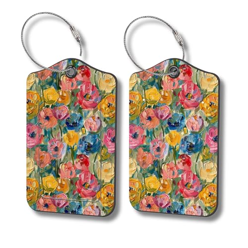 Luggage Tags for Suitcases, 2-Pack PU Leather for Cruise & Travel, Baggage ID Tags with Privacy Cover & Address Card, Durable Metal Ring, Kids Adults Travel Accessories, Impressionist Blooms