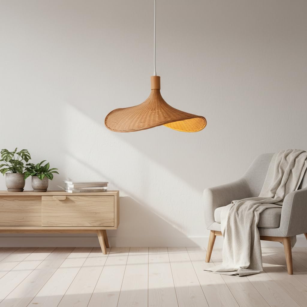BARCELONA LED Lámpara Colgante de Mimbre y Bambú Bellas con Portalámparas de Madera, Estilo Nórdico Japonés Moderno Natural Industrial Clásico, E27, Techo InteriorÑÑ
