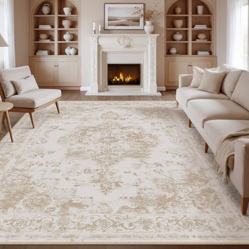 6x9 Washable Neutral Area Rug Beige Vintage Living Room Bedroom Carpet Non-Slip Soft Low Pile Farmhouse Indoor Throw Rug for Dining Room Entryway Office 6' x 9' (Rectangular) Beige