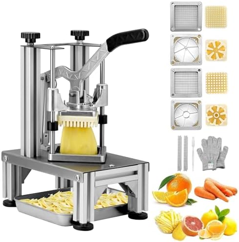 VEVOR Commercial French Fry Cutter with 4 Replacement Blades, 1/4" and 3/8" Blade Easy Dicer Chopper, 6-wedge Slicer and 6-wedge Apple Corer, Lemon Potato Cutter for French Fries with Extended Handle