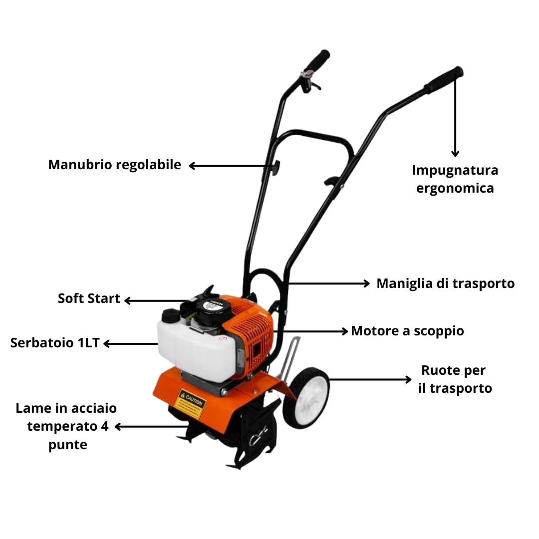 Motozappa a Scoppio 2 Tempi 52cc – Potente e Compatta, Larghezza 30cm, Profondità 15cm, Zappette in Acciaio Rinforzato