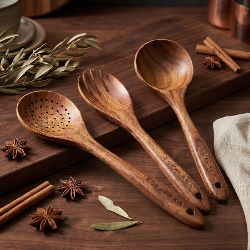 Image of 10 Pcs Natural Teak Wooden Cooking Utensils Set - Kitchen Spatulas and Spoons for Cooking