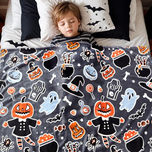 Image of Halloween Blanket Twin Size Soft Black Glowing Fall Pumpkin Throw Blanket Lightweight Fuzzy Grey Twin Bed Decoration Blanket for Bedroom Couch Sofa
