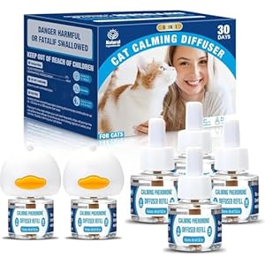 Difusor de feromonas calmantes para gatos: kit 6 en 1 para calmar a los gatos (2 complementos+4 x 1.6 fl oz de repuesto) para mayor comodidad, reduce la ansiedad por estrés, feromonas apaciguadoras de