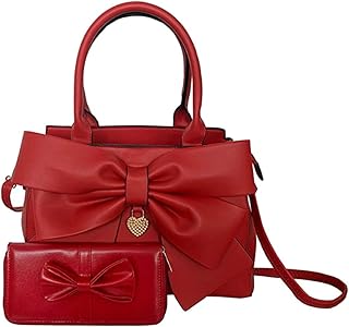 Rullar Women 2Pcs Handbag Set Bow-Knot Satchel Top-handle Crossbody Bag Tote Wallet Purse with Heart Pendant Red
