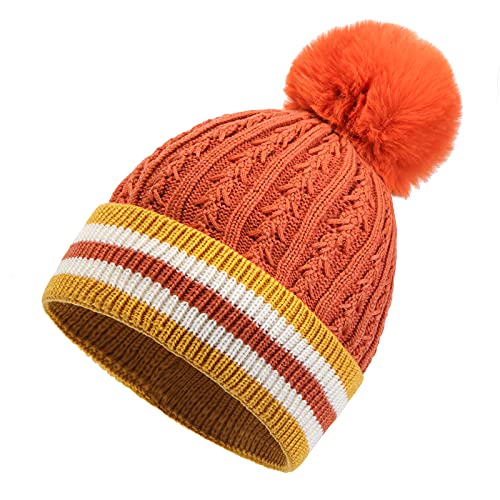 AOKO Winter Beanie Hat for Women Warm Thick Bobble Pompom Skull Cap Big Pom Pom Knitted Stripe Hats Orange