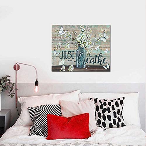 Hankcles Rustic Wall Art Flower In Vase Just Breathe Canvas Print Butterfly Botanical Painting Farmhouse Country Home Decor For Bathroom Living Room Bedroom Kitchen Office Ready To Hang 20X24 Inch #TOP3