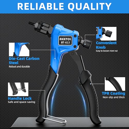 AKKTOL Nietmutternzange, Nietmutternzange Set, Gewindenieten Zange Set mit 100 Nietmuttern M6, M5, M4, M3, 4 Dorne und Tragekoffer, Einnietmutternzange, Einhand-Nietmutter Zange Werkzeug