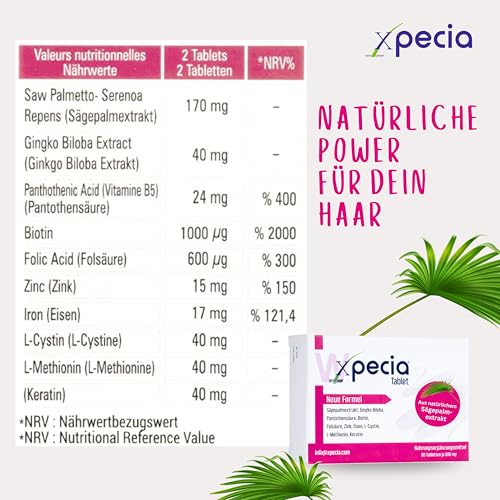 Xpecia DHT Blocker mit Biotin und Sägepalmextrakt - Mittel gegen Haarausfall Frau - Ginko Wurzel, Haar Vitamine, Sägepalme - Haarwachstum beschleunigen - Nachbehandlung Haartransplantationen