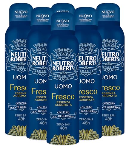 6x Neutro Roberts Deodorante Spray Uomo Fresco Zero Sali Efficace 48h Essenza Agrumata - 6 Flaconi da 150ml ognuno
