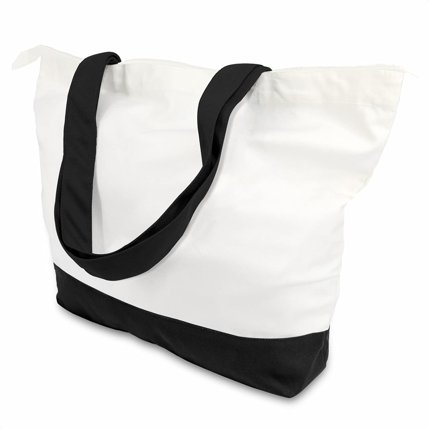 TOPDesign 3-Pack 20'' Super Strong 12oz Cotton Canvas Bags with an Internal Pocket, Top Zipper Closure, Reusable Grocery Shopping Cloth totes, Fashionable Black/White Bags for Crafts, DIY Your Designs