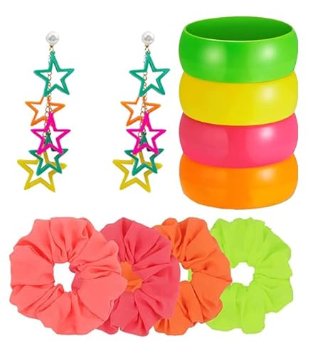 Miaiulia 80S Accessories Set With 80S Retro Earrings Neon Hair Ties Bracelets For 1980S Theme Party Outfits Multicolor Stars #TOP18