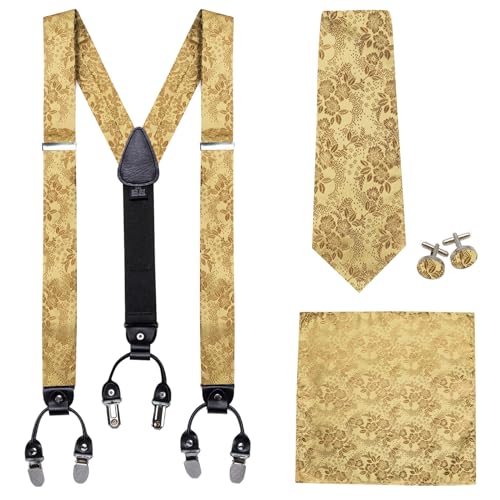Image of Barry.Wang Men Suspender Set with Necktie Elastic Y Type Heavy Duty 6 Clips Braces Tie Handkerchief Cufflink Pin 6PCS