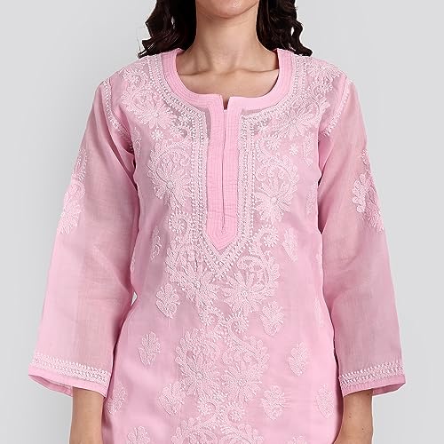 Image of Seva Chikan Hand Embroidered Lucknowi Chikankari Appricot Cotton Kurta Kurti for Women SCL4321