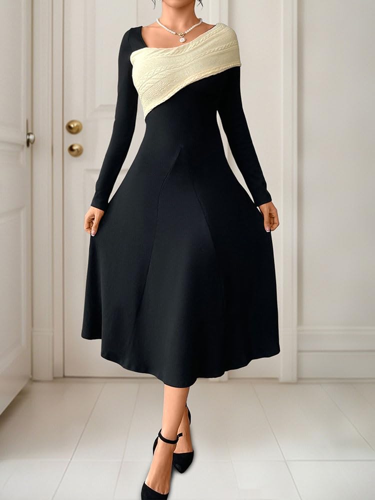 Vestido asimétrico Acampanado con Escote en V y Bloques de Color para Mujer - Elegante Vestido Midi de Oficina con Manga Larga y Cintura Alta