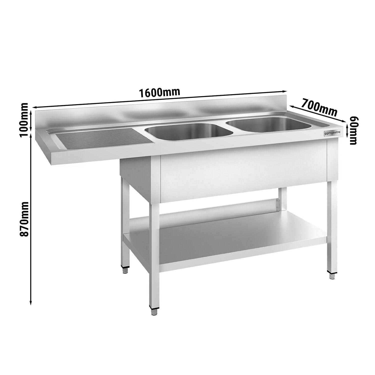 GGM Gastro | STK167SBR2 | Spülmaschinen-Spültisch - 1600x700mm - mit 2 Becken rechts