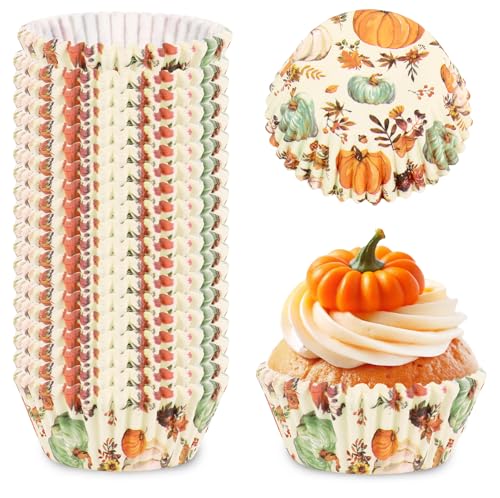 Whaline 300 Pcs Fall Cupcake Liner Paper Baking Cups Orange Green Watercolor Pumpkin Flower Maple Leaves Muffin Liners Wrappers for Autumn Holiday Thanksgiving Party, 2 x 1.2 Inch
